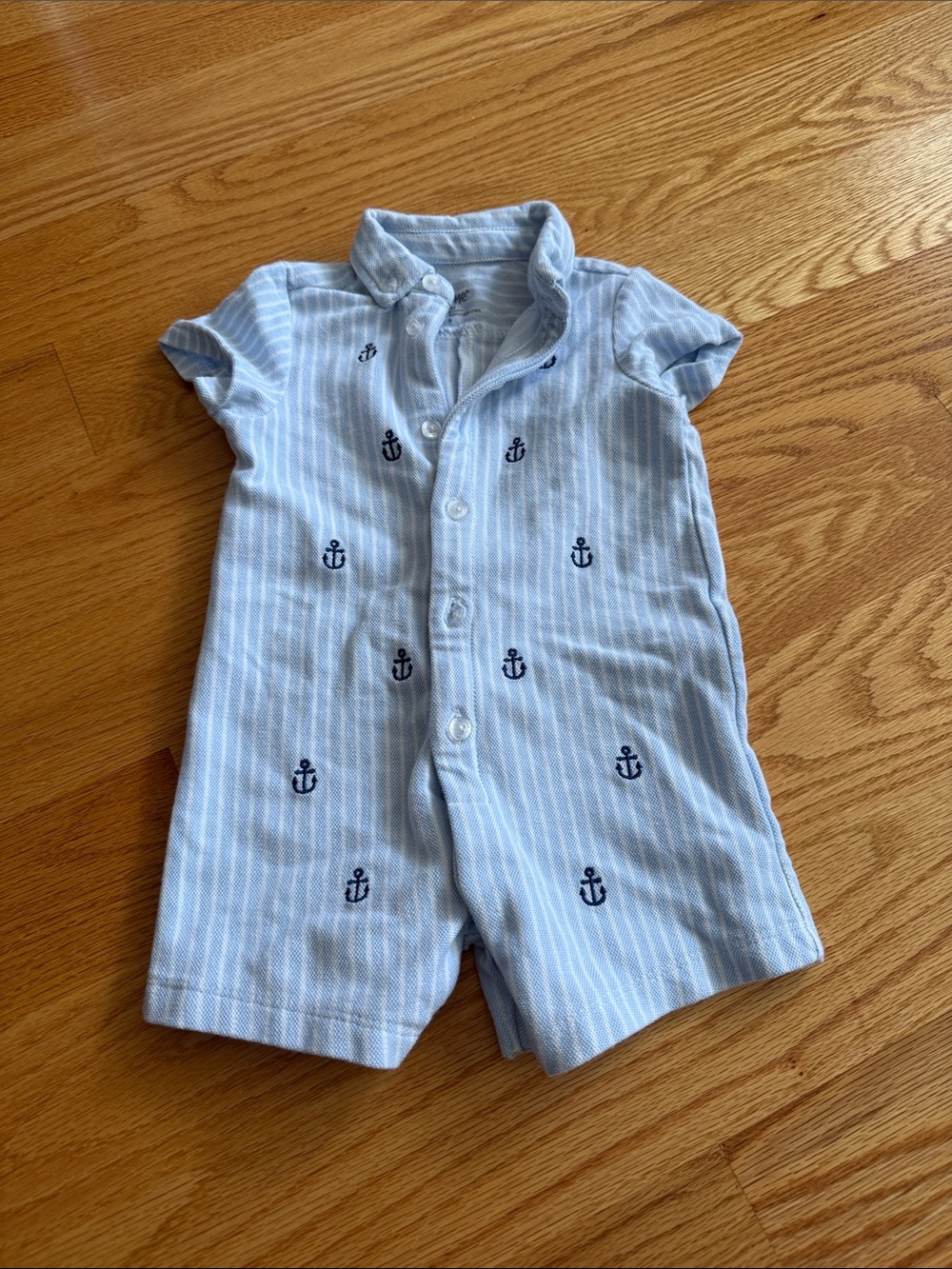 Little Me Light Blue Striped Button Romper with Navy Anchors
